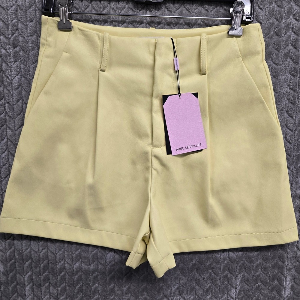 Avec Les Filles Faux Leather Pleated Shorts Yellow Vegan High Waist Womens 6 New